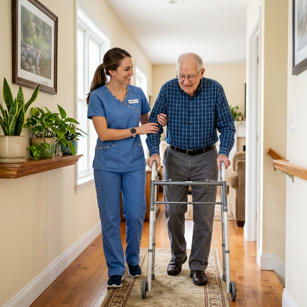 A Premier Support Services caregiver assisting an elderly client in their home